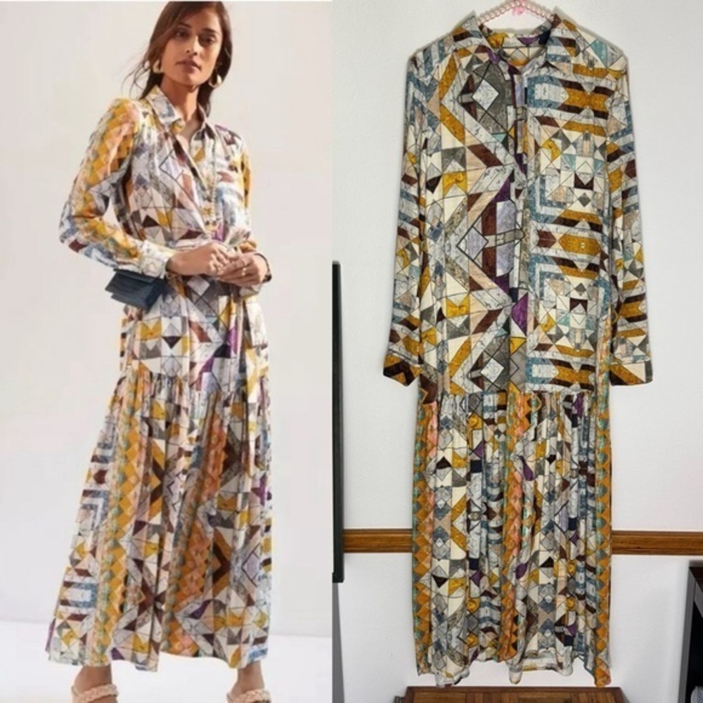 Anthropologie Flounced abstract geometric pattern maxi dress without belt size S